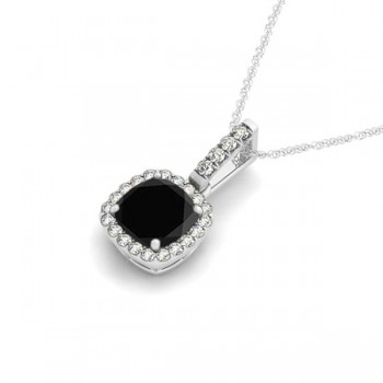 Black Diamond & Diamond Halo Cushion Pendant Necklace 14k White Gold (1.49ct)