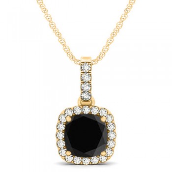 Black Diamond & Diamond Halo Cushion Pendant Necklace 14k Yellow Gold (1.49ct)