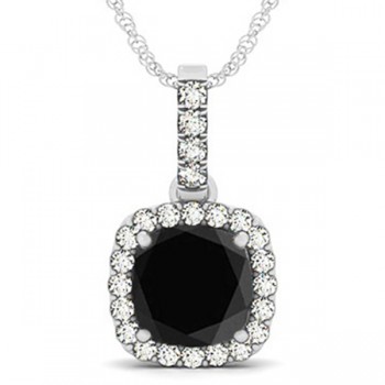 Black Diamond & Diamond Halo Cushion Pendant Necklace 14k White Gold (3.00ct)