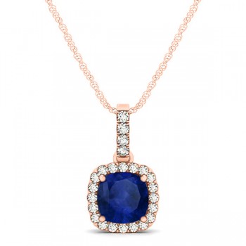 Blue Sapphire & Diamond Halo Cushion Pendant Necklace 14k Rose Gold (0.85ct)