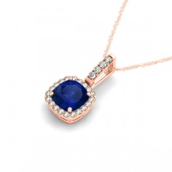 Blue Sapphire & Diamond Halo Cushion Pendant Necklace 14k Rose Gold (0.85ct)