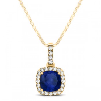 Blue Sapphire & Diamond Halo Cushion Pendant Necklace 14k Yellow Gold (0.85ct)
