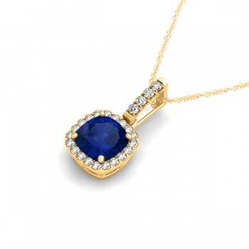 Blue Sapphire & Diamond Halo Cushion Pendant Necklace 14k Yellow Gold (0.85ct)