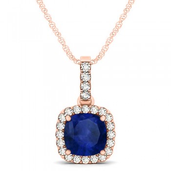 Blue Sapphire & Diamond Halo Cushion Pendant Necklace 14k Rose Gold (1.94ct)
