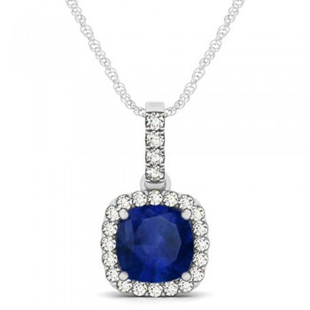 Blue Sapphire & Diamond Halo Cushion Pendant Necklace 14k White Gold (1.94ct)