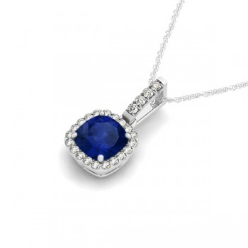 Blue Sapphire & Diamond Halo Cushion Pendant Necklace 14k White Gold (1.94ct)