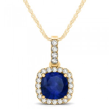 Blue Sapphire & Diamond Halo Cushion Pendant Necklace 14k Yellow Gold (1.94ct)