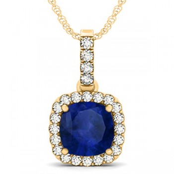 Blue Sapphire & Diamond Halo Cushion Pendant Necklace 14k Yellow Gold (4.05ct)