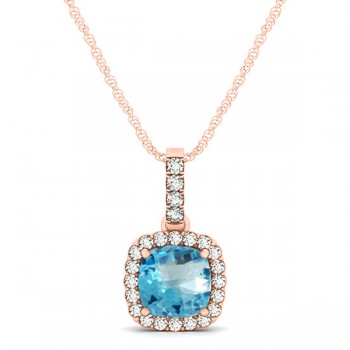 Blue Topaz & Diamond Halo Cushion Pendant Necklace 14k Rose Gold (0.78ct)