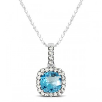Blue Topaz & Diamond Halo Cushion Pendant Necklace 14k White Gold (0.78ct)