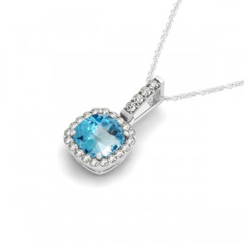 Blue Topaz & Diamond Halo Cushion Pendant Necklace 14k White Gold (0.78ct)