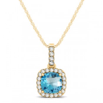 Blue Topaz & Diamond Halo Cushion Pendant Necklace 14k Yellow Gold (0.78ct)