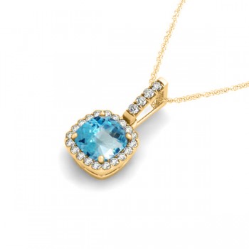 Blue Topaz & Diamond Halo Cushion Pendant Necklace 14k Yellow Gold (0.78ct)