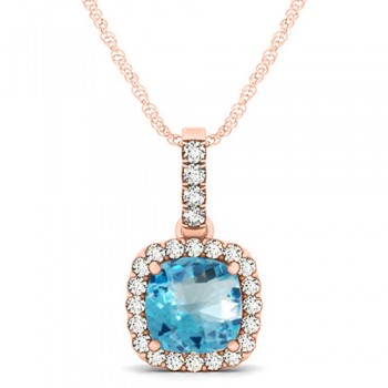Blue Topaz & Diamond Halo Cushion Pendant Necklace 14k Rose Gold (1.96ct)
