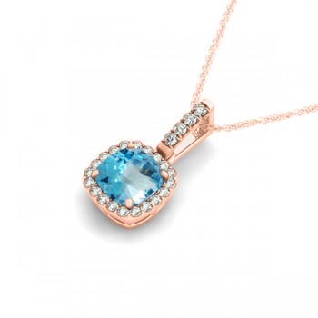 Blue Topaz & Diamond Halo Cushion Pendant Necklace 14k Rose Gold (1.96ct)