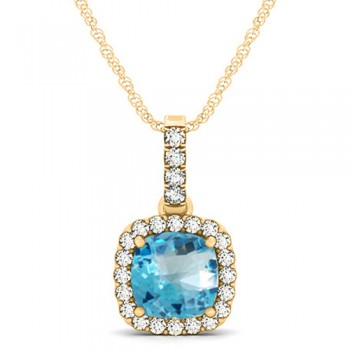 Blue Topaz & Diamond Halo Cushion Pendant Necklace 14k Yellow Gold (1.96ct)
