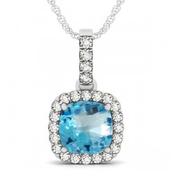 Blue Topaz & Diamond Halo Cushion Pendant Necklace 14k White Gold (4.05ct)