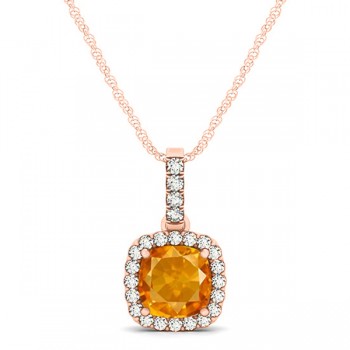 Citrine & Diamond Halo Cushion Pendant Necklace 14k Rose Gold (0.61ct)