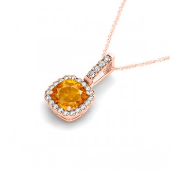 Citrine & Diamond Halo Cushion Pendant Necklace 14k Rose Gold (0.61ct)