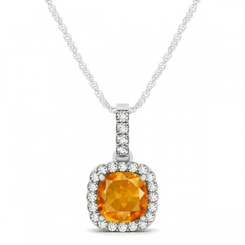 Citrine & Diamond Halo Cushion Pendant Necklace 14k White Gold (0.61ct)