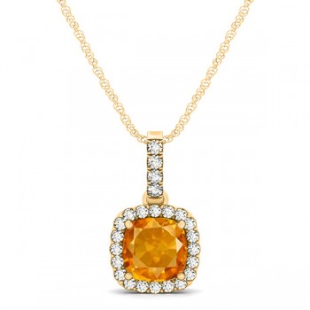 Citrine & Diamond Halo Cushion Pendant Necklace 14k Yellow Gold (0.61ct)