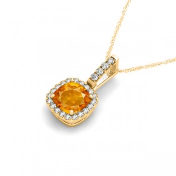 Citrine & Diamond Halo Cushion Pendant Necklace 14k Yellow Gold (0.61ct)