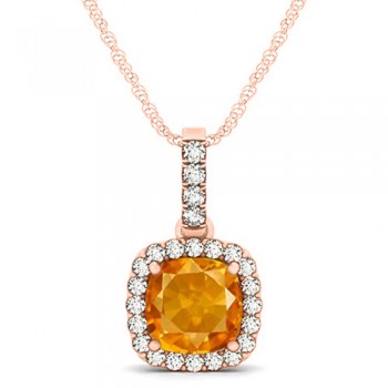 Citrine & Diamond Halo Cushion Pendant Necklace 14k Rose Gold (1.56ct)