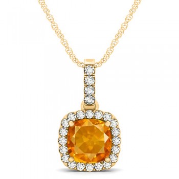 Citrine & Diamond Halo Cushion Pendant Necklace 14k Yellow Gold (1.56ct)