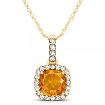 Citrine & Diamond Halo Cushion Pendant Necklace 14k Yellow Gold (1.56ct)