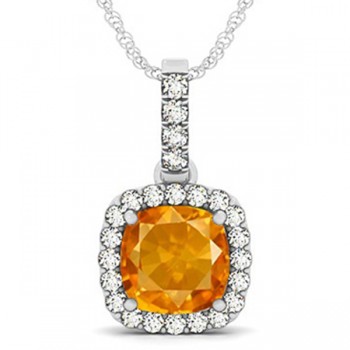 Citrine & Diamond Halo Cushion Pendant Necklace 14k White Gold (4.05ct)