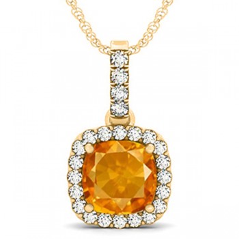 Citrine & Diamond Halo Cushion Pendant Necklace 14k Yellow Gold (4.05ct)