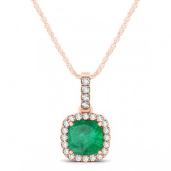 Emerald & Diamond Halo Cushion Pendant Necklace 14k Rose Gold (0.66ct)