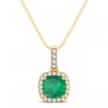 Emerald & Diamond Halo Cushion Pendant Necklace 14k Yellow Gold (0.66ct)