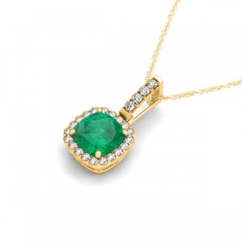 Emerald & Diamond Halo Cushion Pendant Necklace 14k Yellow Gold (0.66ct)