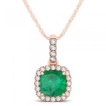Emerald & Diamond Halo Cushion Pendant Necklace 14k Rose Gold (1.96ct)