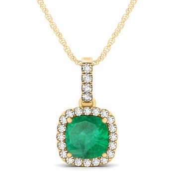 Emerald & Diamond Halo Cushion Pendant Necklace 14k Yellow Gold (1.96ct)