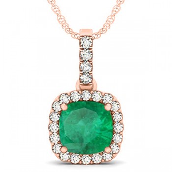 Emerald & Diamond Halo Cushion Pendant Necklace 14k Rose Gold (4.05ct)