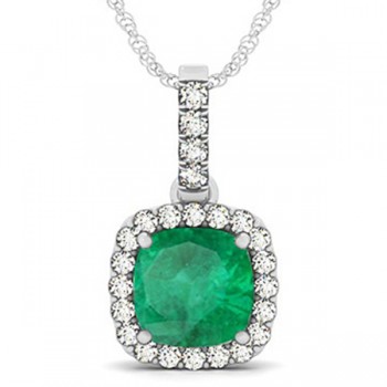 Emerald & Diamond Halo Cushion Pendant Necklace 14k White Gold (4.05ct)