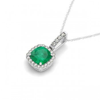 Emerald & Diamond Halo Cushion Pendant Necklace 14k White Gold (4.05ct)