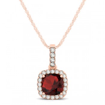 Garnet & Diamond Halo Cushion Pendant Necklace 14k Rose Gold (0.90ct)