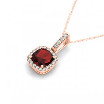 Garnet & Diamond Halo Cushion Pendant Necklace 14k Rose Gold (0.90ct)