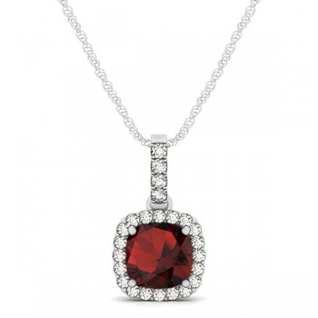 Garnet & Diamond Halo Cushion Pendant Necklace 14k White Gold (0.90ct)