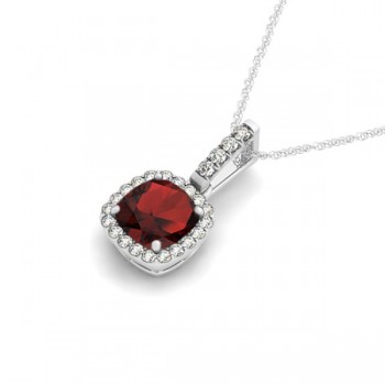 Garnet & Diamond Halo Cushion Pendant Necklace 14k White Gold (0.90ct)