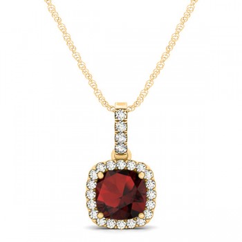 Garnet & Diamond Halo Cushion Pendant Necklace 14k Yellow Gold (0.90ct)