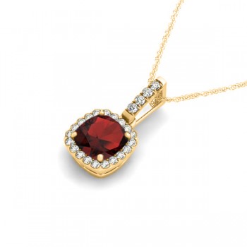 Garnet & Diamond Halo Cushion Pendant Necklace 14k Yellow Gold (0.90ct)