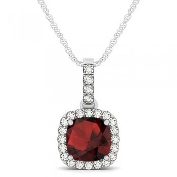 Garnet & Diamond Halo Cushion Pendant Necklace 14k White Gold (1.94ct)