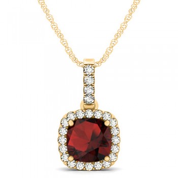 Garnet & Diamond Halo Cushion Pendant Necklace 14k Yellow Gold (1.94ct)