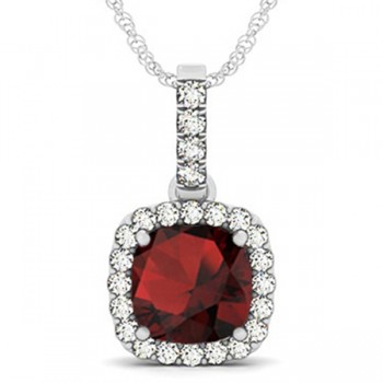 Garnet & Diamond Halo Cushion Pendant Necklace 14k White Gold (4.05ct)