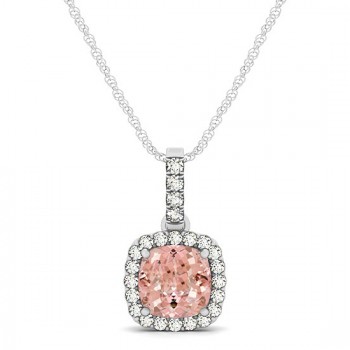Pink Morganite & Diamond Halo Cushion Pendant Necklace 14k White Gold (0.76ct)