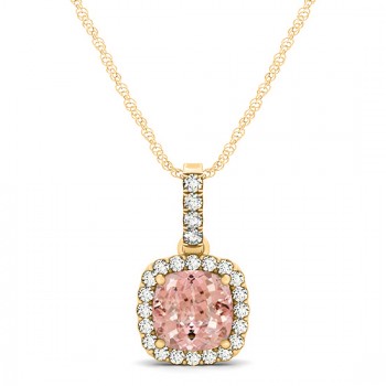 Pink Morganite & Diamond Halo Cushion Pendant Necklace 14k Yellow Gold (0.76ct)